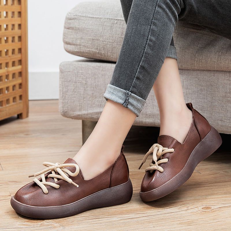 Dames Casual Lederen Handgemaakte Loafers Met Ronde Kop