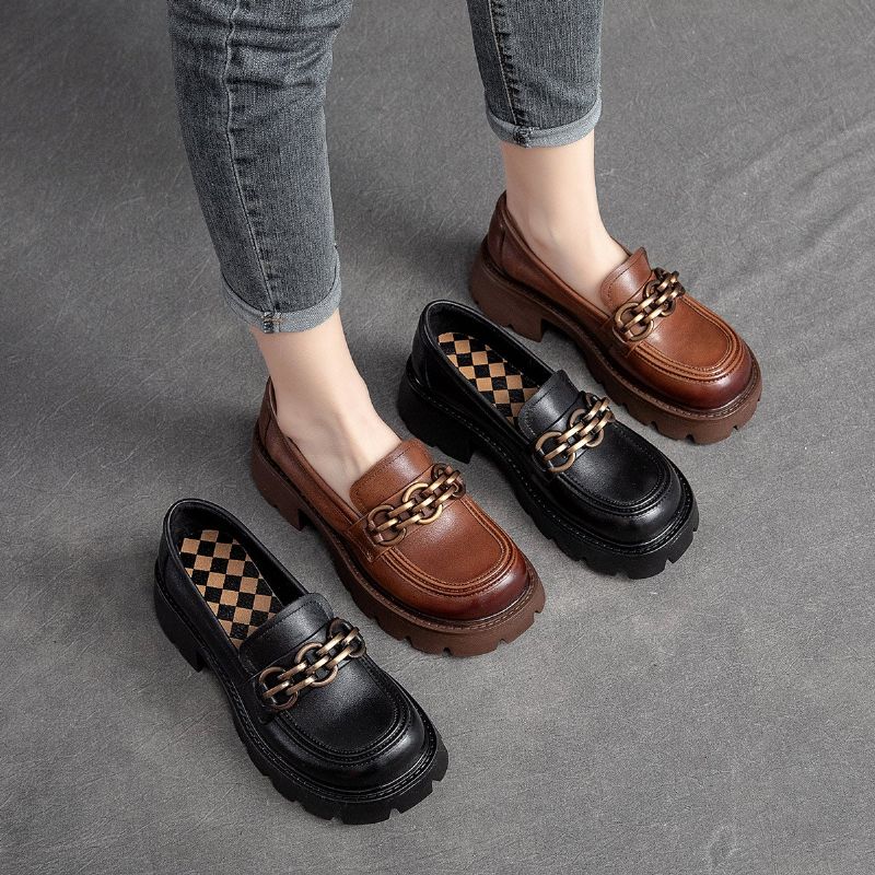 Dames Lente Retro Leren Casual Loafers