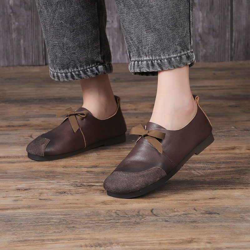 Dames Lente Vintage Zacht Leer Strik Casual Schoenen