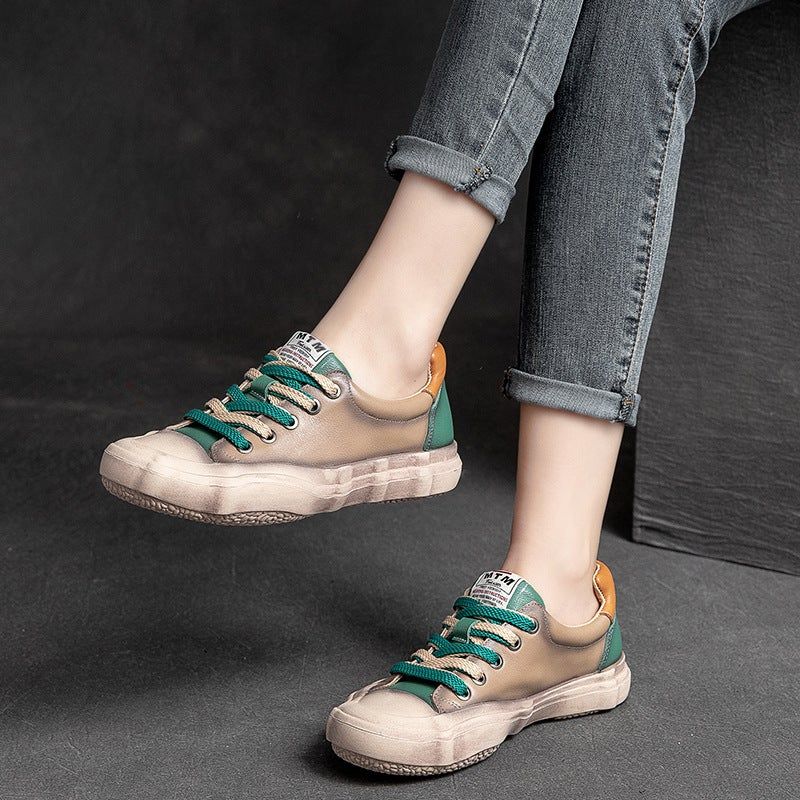 Dames Leren Retro Lente Platte Casual Schoenen