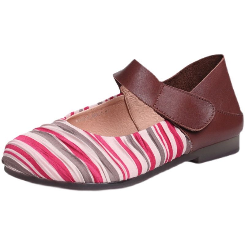 Dames Retro Gestreepte Leren Klittenband Casual Schoenen