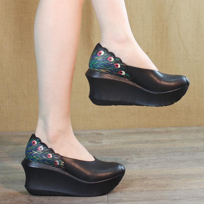 Dames Wedge Peacock Tail Print Naaien Casual Schoenen