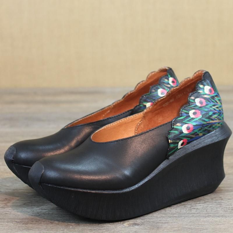 Dames Wedge Peacock Tail Print Naaien Casual Schoenen