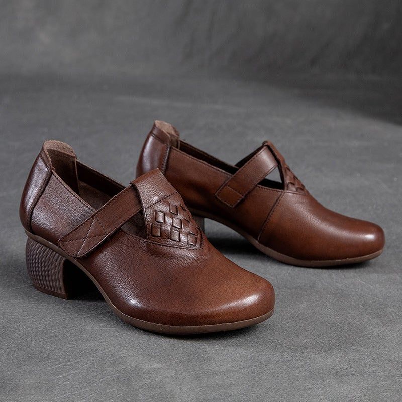 Lente Klittenband Retro Lederen Loafers Met Ronde Kop