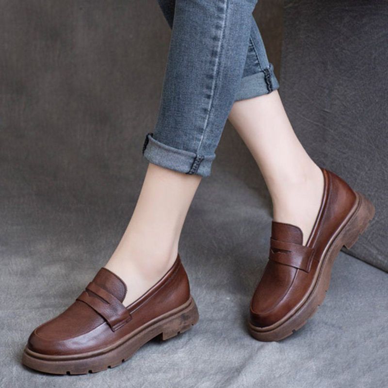 Lente Lederen Britse Ronde Neus Loafers Schoenen