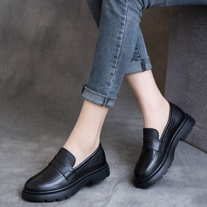 Lente Lederen Britse Ronde Neus Loafers Schoenen