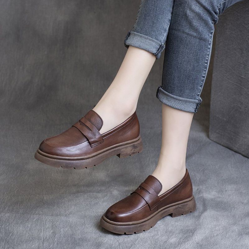 Lente Lederen Britse Ronde Neus Loafers Schoenen