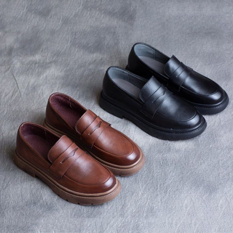 Lente Lederen Britse Ronde Neus Loafers Schoenen