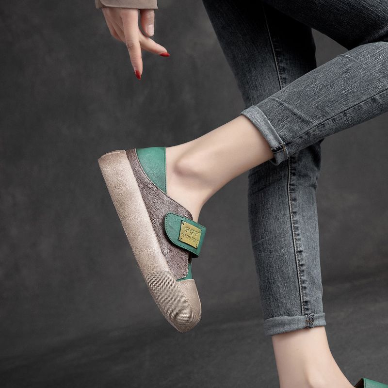 Lente Retro Dames Velcro Tape Kleur Bijpassende Leren Loafers