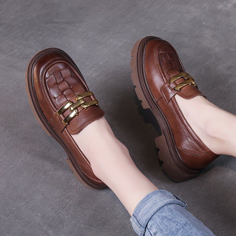 Lente Retro Geruite Lederen Handgemaakte Casual Loafers