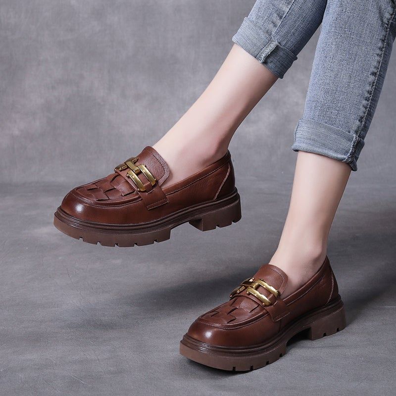 Lente Retro Geruite Lederen Handgemaakte Casual Loafers