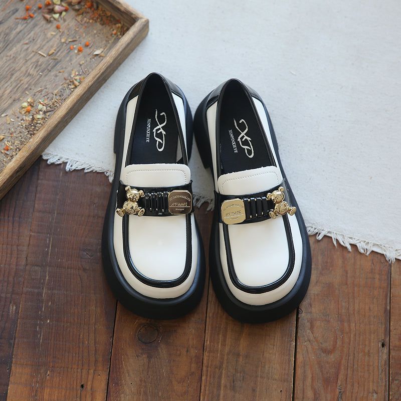 Lente Zomer Retro Koeienhuid Ronde Kop Mode Beer Loafers