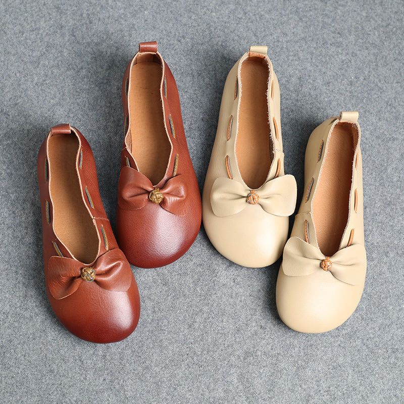 Lente Zomer Vintage Vrouwen Lederen Strik Casual Schoenen