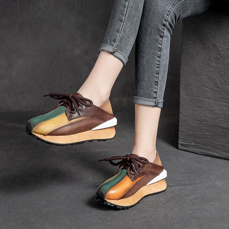 Retro Lederen Handgemaakte Regenboog Patchwork Casual Schoenen