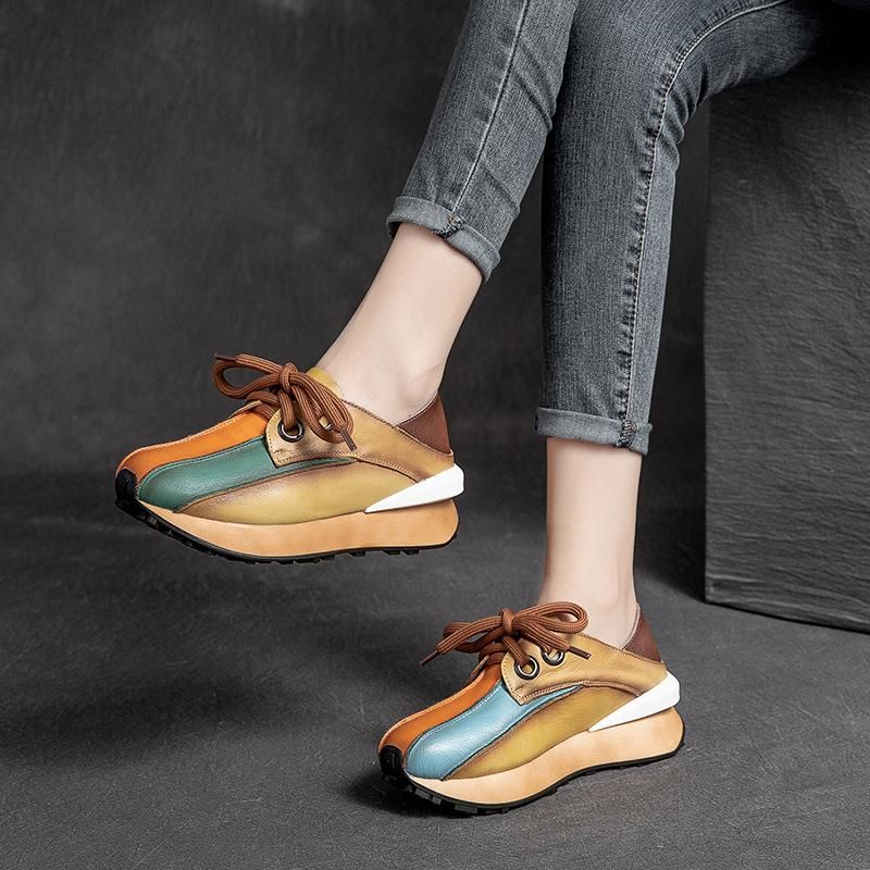 Retro Lederen Handgemaakte Regenboog Patchwork Casual Schoenen