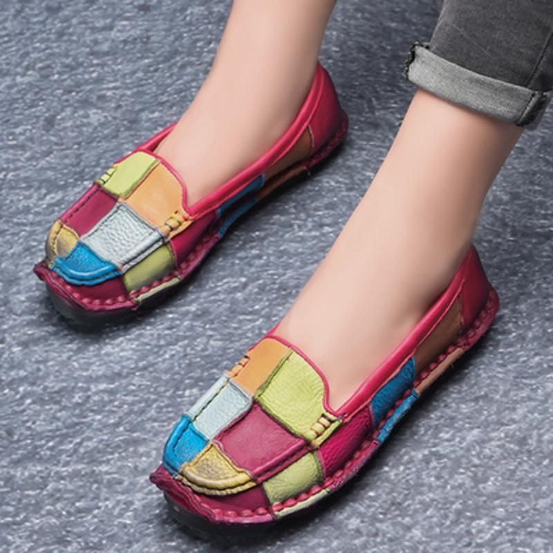 Retro Meerkleurige Geruite Lederen Slip Op Handgemaakte Platte Loafers