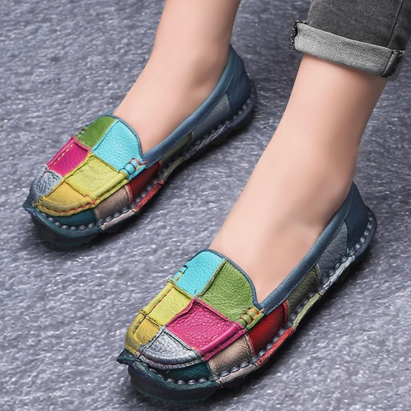 Retro Meerkleurige Geruite Lederen Slip Op Handgemaakte Platte Loafers