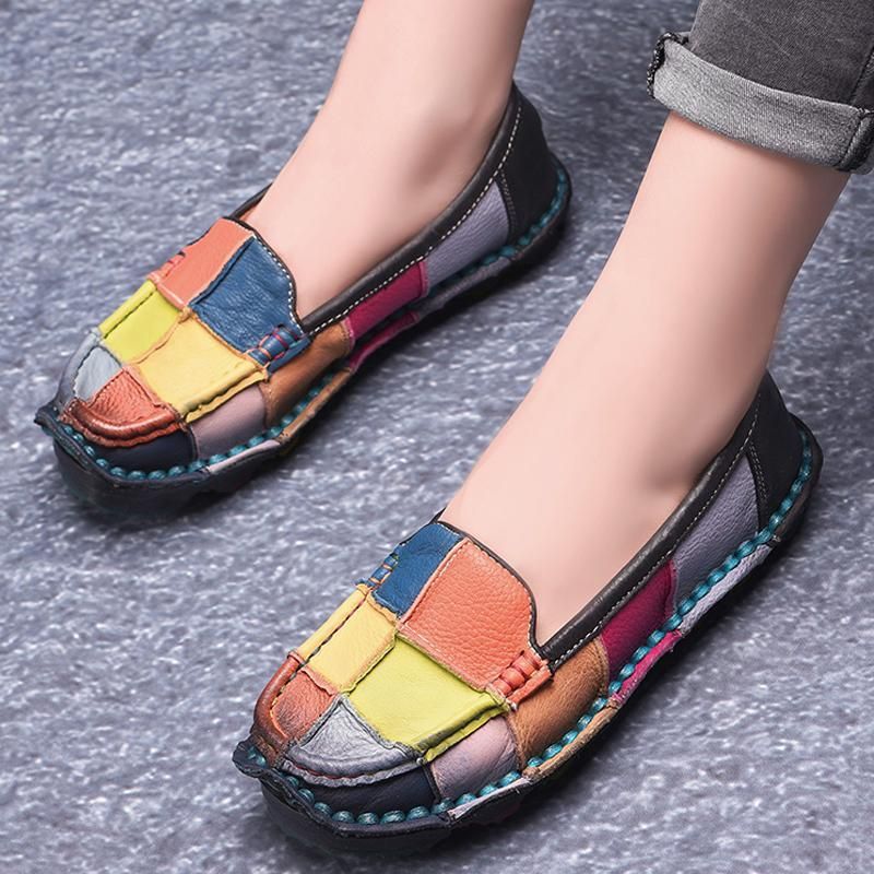 Retro Meerkleurige Geruite Lederen Slip Op Handgemaakte Platte Loafers