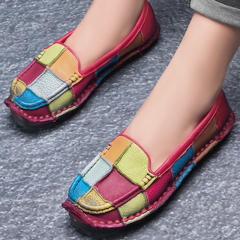 Retro Meerkleurige Geruite Lederen Slip Op Handgemaakte Platte Loafers