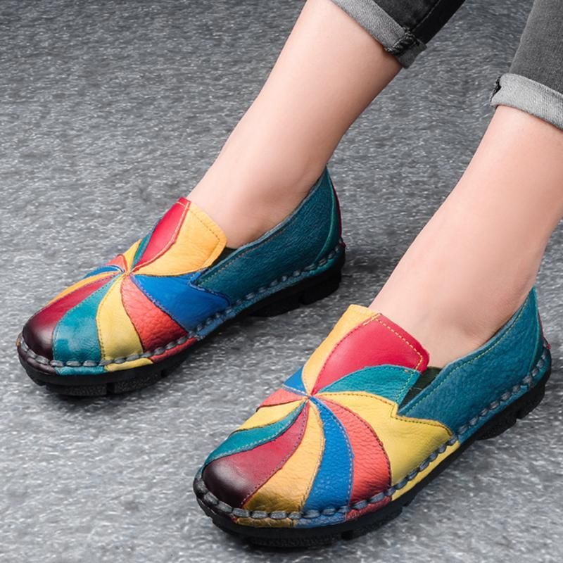 Retro Multi-color Windmolen Lederen Slip Op Handgemaakte Platte Loafers