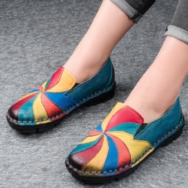 Retro Multi-color Windmolen Lederen Slip Op Handgemaakte Platte Loafers