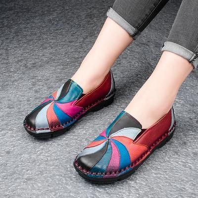 Retro Multi-color Windmolen Lederen Slip Op Handgemaakte Platte Loafers