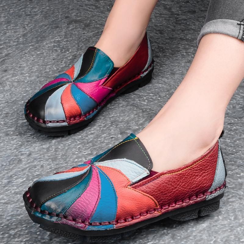 Retro Multi-color Windmolen Lederen Slip Op Handgemaakte Platte Loafers