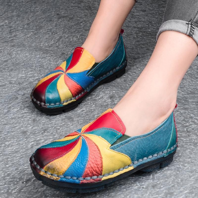 Retro Multi-color Windmolen Lederen Slip Op Handgemaakte Platte Loafers