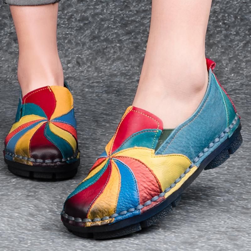 Retro Multi-color Windmolen Lederen Slip Op Handgemaakte Platte Loafers