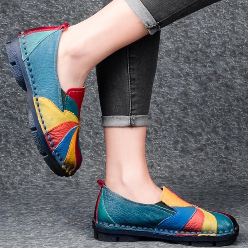 Retro Multi-color Windmolen Lederen Slip Op Handgemaakte Platte Loafers