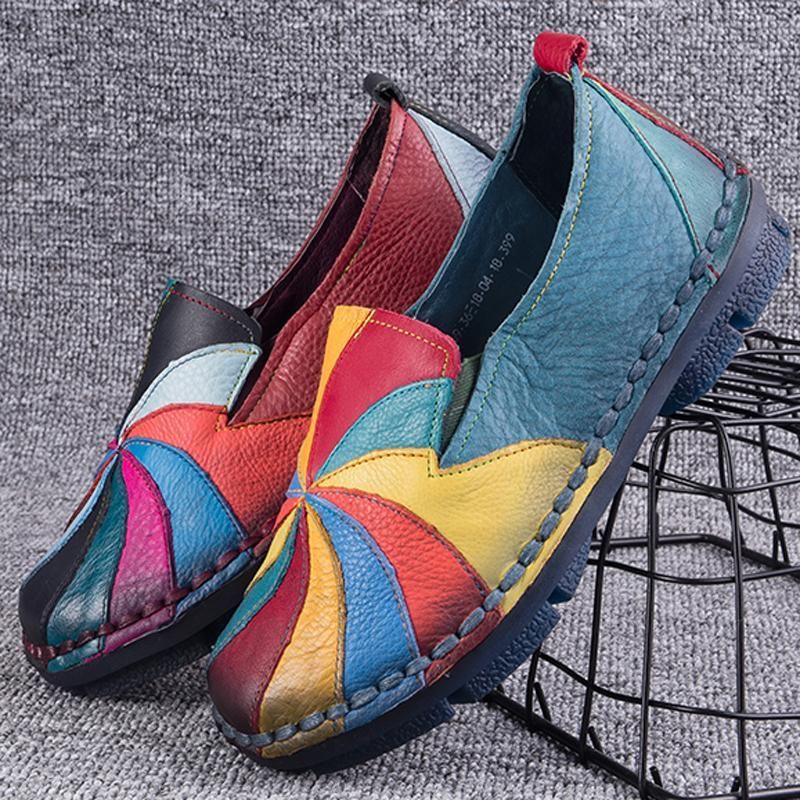 Retro Multi-color Windmolen Lederen Slip Op Handgemaakte Platte Loafers