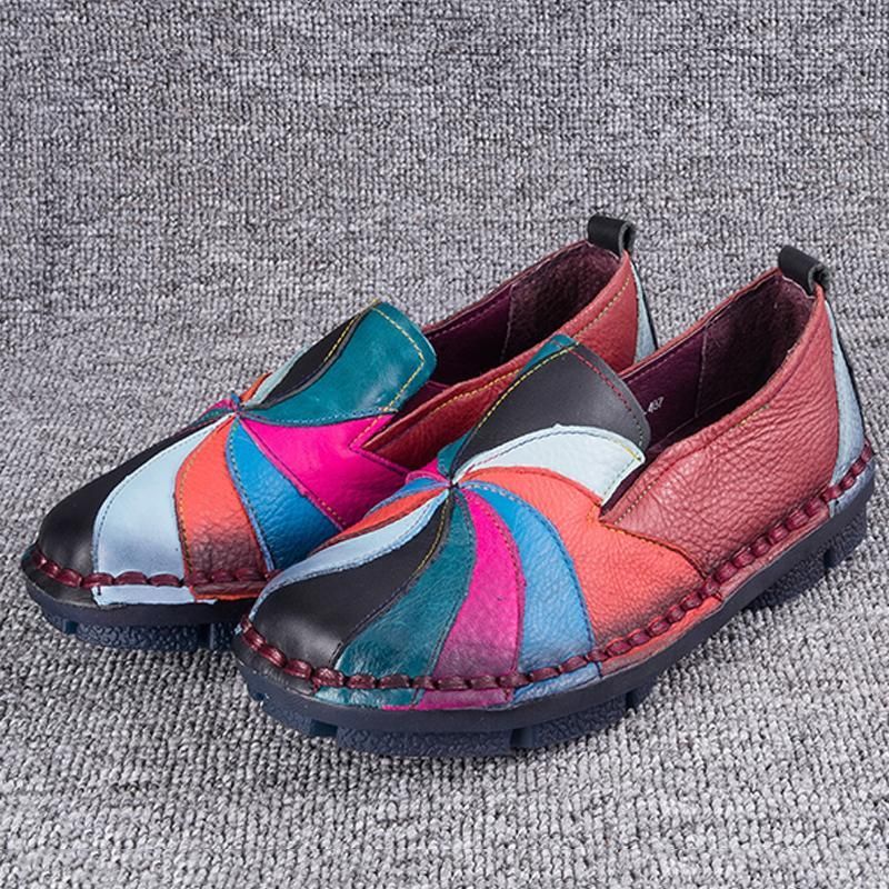 Retro Multi-color Windmolen Lederen Slip Op Handgemaakte Platte Loafers