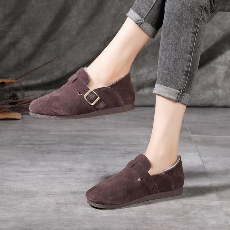 Retro Winter Lederen Wollen Platte Ronde Kop Casual Schoenen