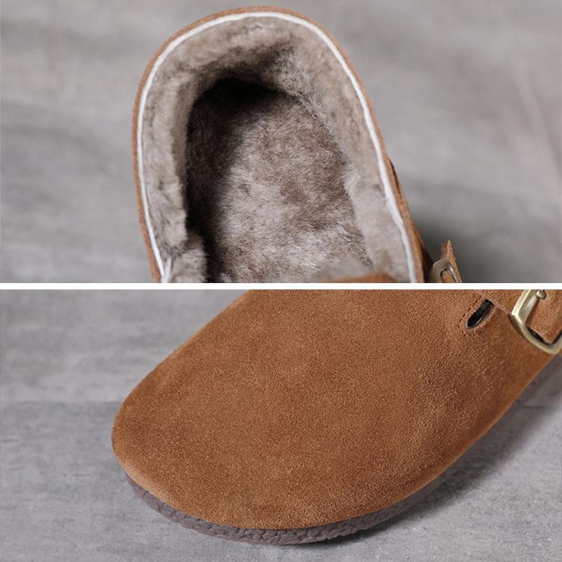 Retro Winter Lederen Wollen Platte Ronde Kop Casual Schoenen