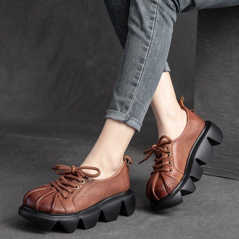 Vrouwen Lente Retro Lederen Ronde Kop Handgemaakte Casual Schoenen