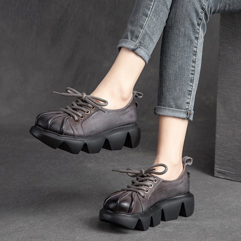 Vrouwen Lente Retro Lederen Ronde Kop Handgemaakte Casual Schoenen