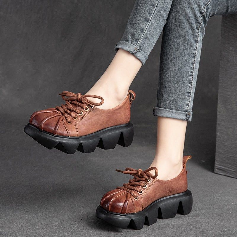 Vrouwen Lente Retro Lederen Ronde Kop Handgemaakte Casual Schoenen