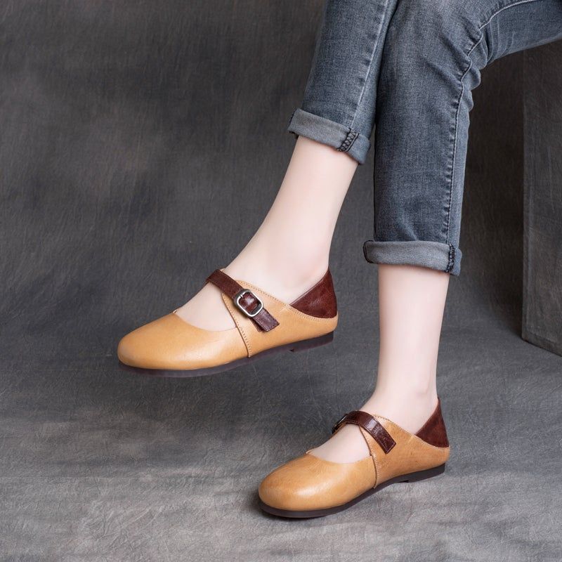 Vrouwen Lente Retro Lederen Ronde Kop Zachte Casual Schoenen