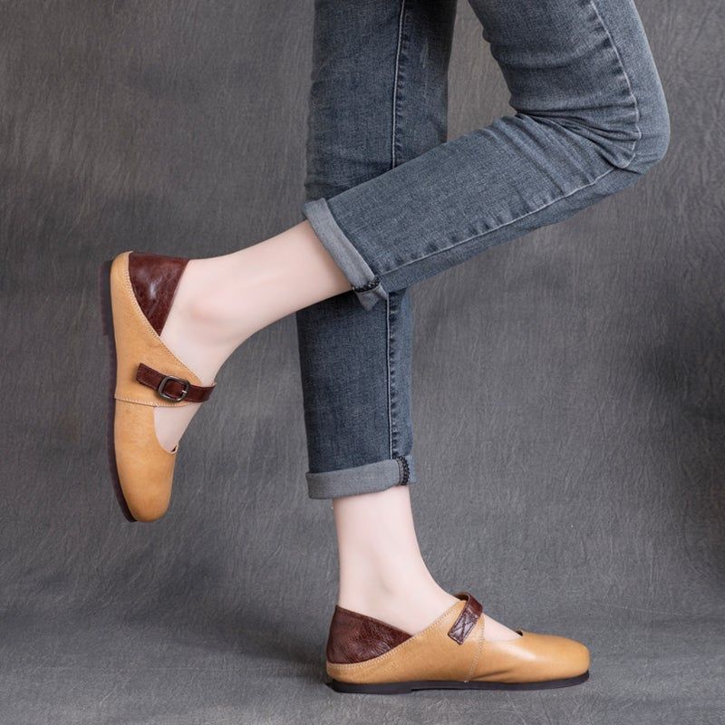 Vrouwen Lente Retro Lederen Ronde Kop Zachte Casual Schoenen