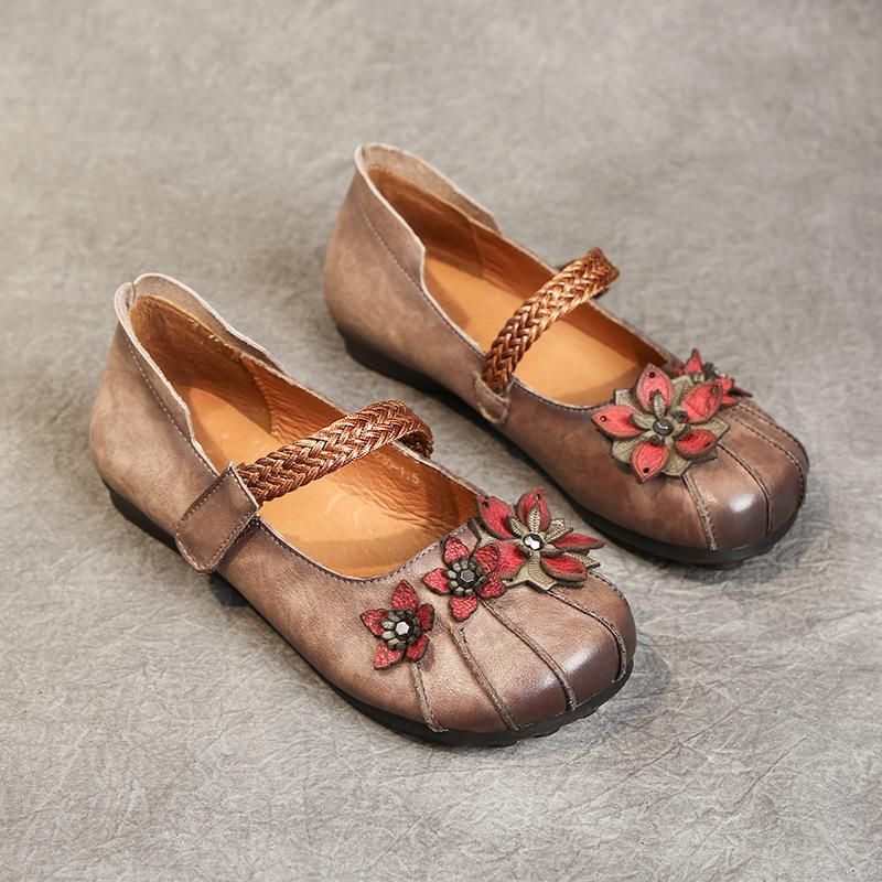 Vrouwen Retro Bloem Platte Lederen Casual Schoenen