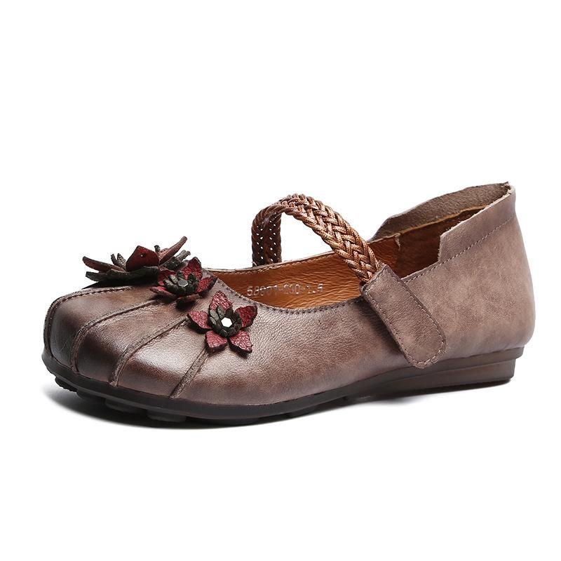 Vrouwen Retro Bloem Platte Lederen Casual Schoenen