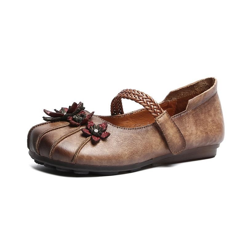 Vrouwen Retro Bloem Platte Lederen Casual Schoenen