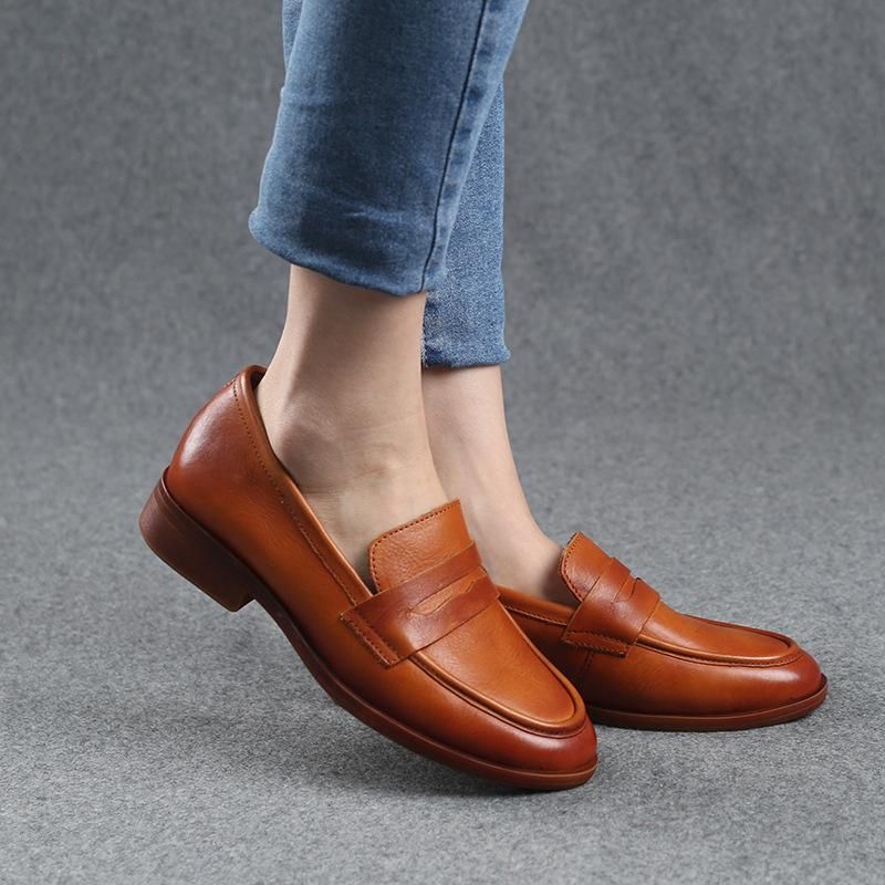 Vrouwen Vintage Lederen Platte Handgemaakte Casual Schoenen