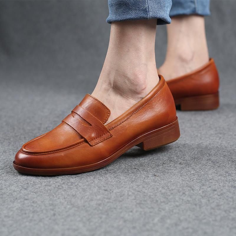 Vrouwen Vintage Lederen Platte Handgemaakte Casual Schoenen