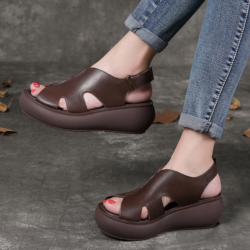 Zomer Retro Lederen Wedges Vrouwen Casual Schoenen