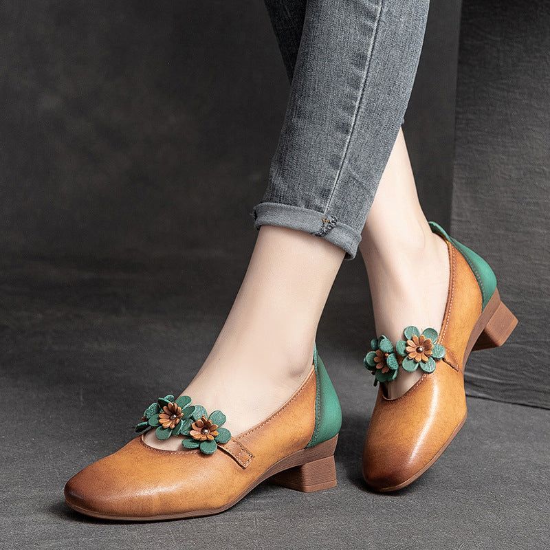 Zomer Retro Leren Casual Loafers Met Bloemen Wedge