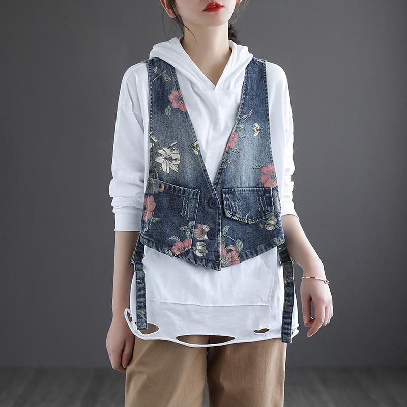 Denimvest Voor Dames Met Retroprint