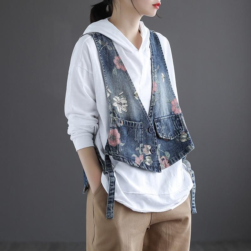 Denimvest Voor Dames Met Retroprint