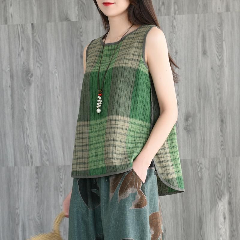 Retro Zomer Katoen Linnen Vrouwen Casual Plaid Vest