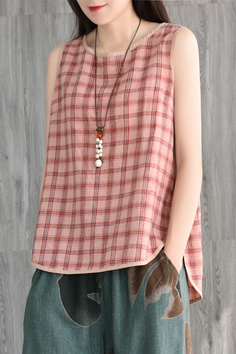 Retro Zomer Katoen Linnen Vrouwen Casual Plaid Vest